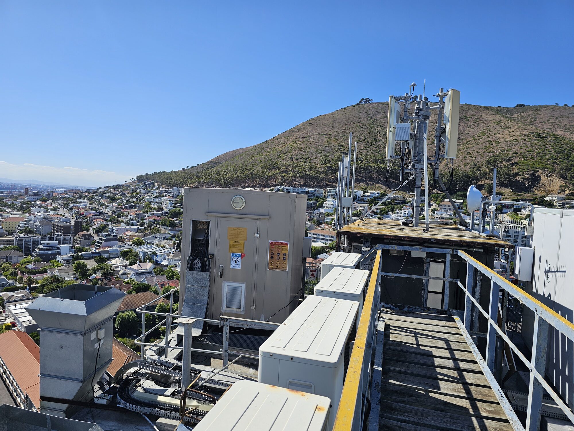 Rooftop telecommunications site with sector antennas, microwave dishes and equipment cabinets